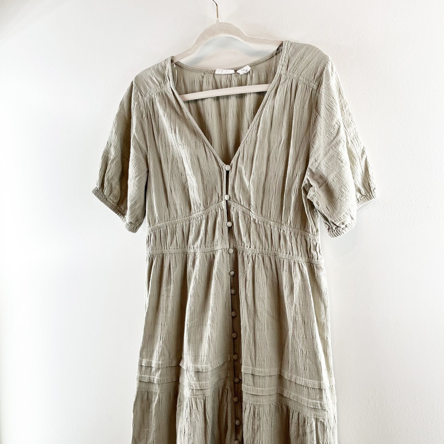 Lucky Brand Cotton Button Up Tiered Short Sleeve Maxi Dress Green Large