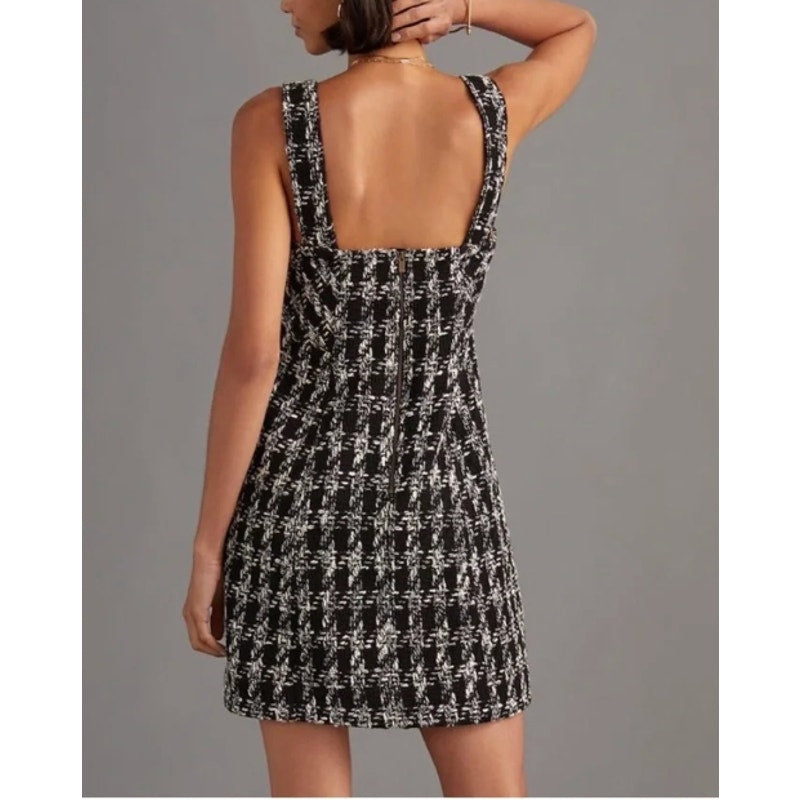 Maeve Anthropologie Tweed Houndstooth Square Neck Mini Dress Black White 4