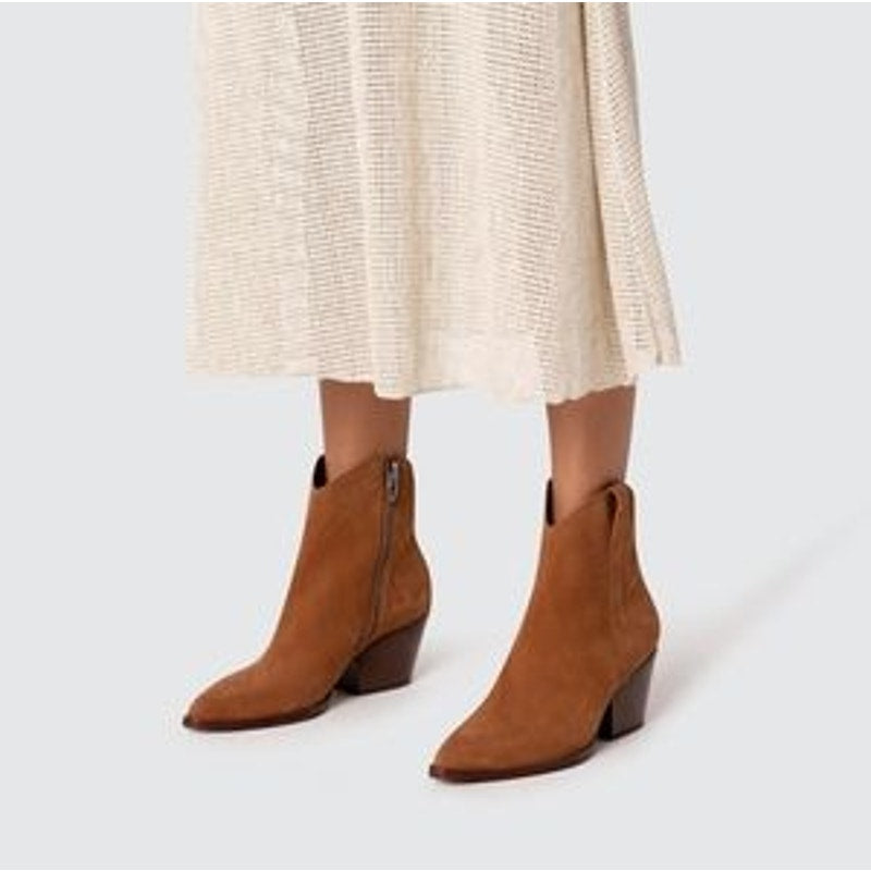Dolce Vita Serra Suede Stacked Heel Western Ankle Boots Dark Saddle Brown 8