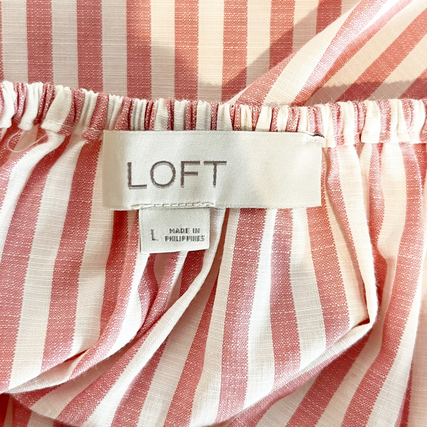 LOFT Off The Shoulder Puff Short Sleeve Blouse Top Striped Pink White Large