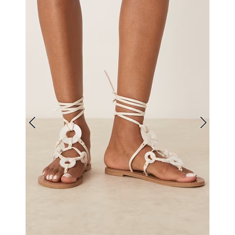ASOS Fiona Slip On Tie Strap Flat Thong Sandals White US 7