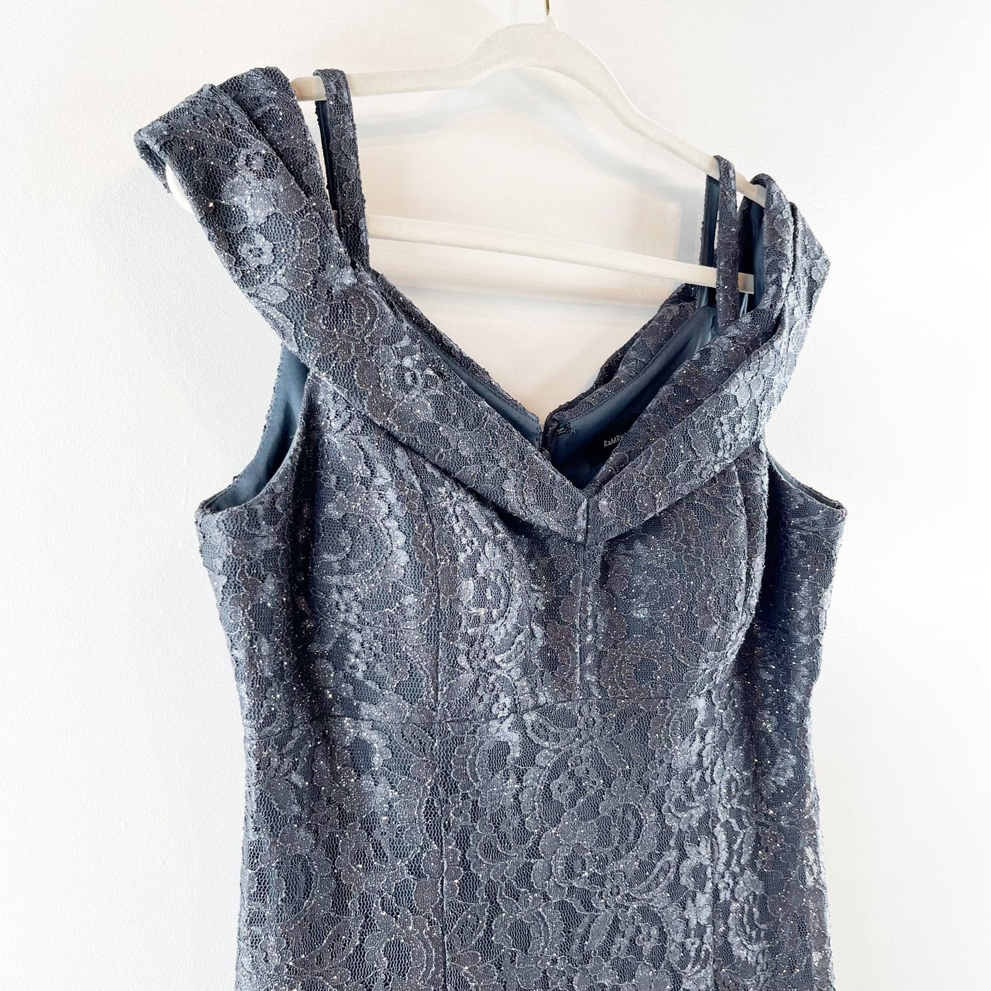 R&M Richards Off The Shoulder Lace Maxi Dress Gown Navy Blue 14