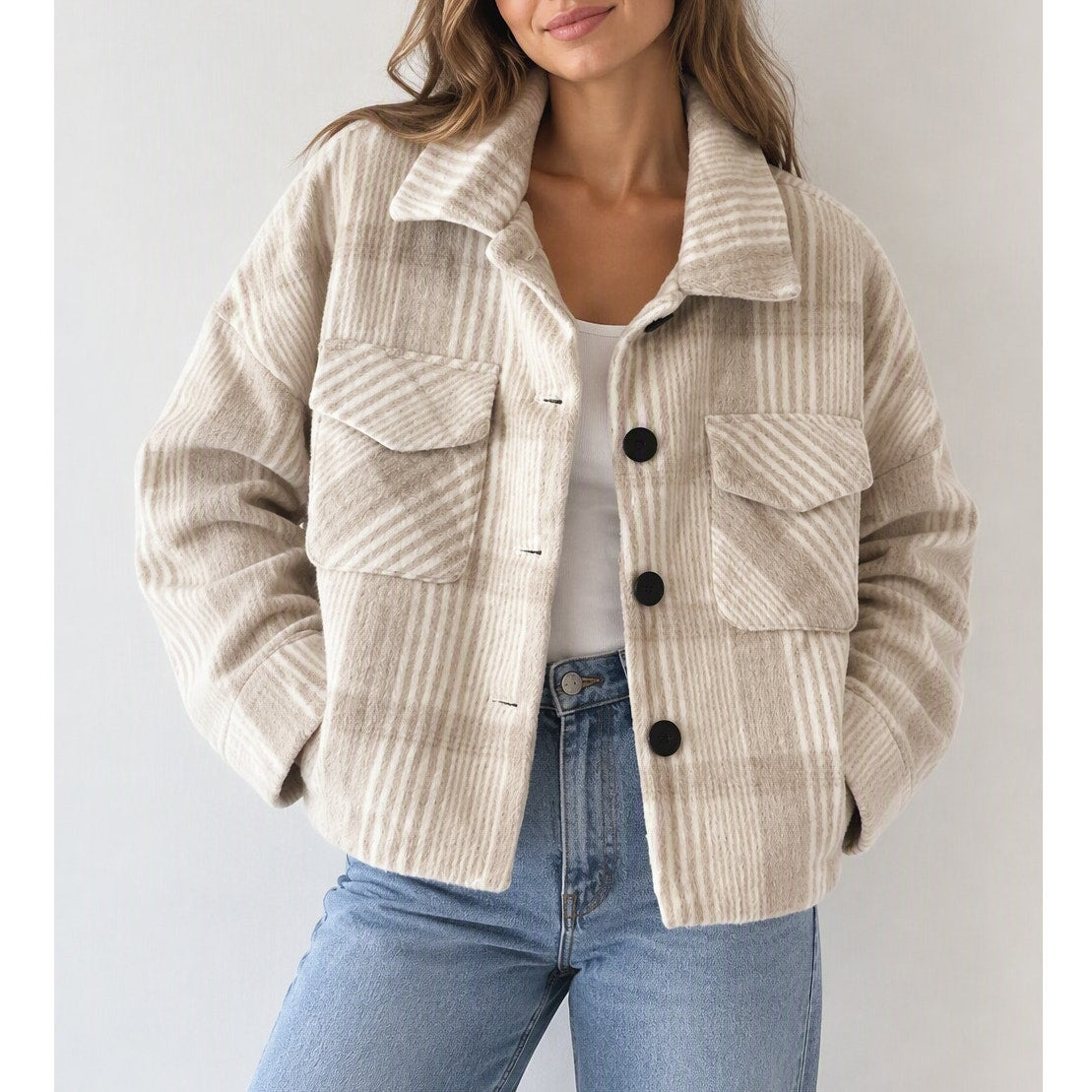 Ci Sono Brushed Button Up Boxy Plaid Jacket Shacket Beige Tan Cream Medium