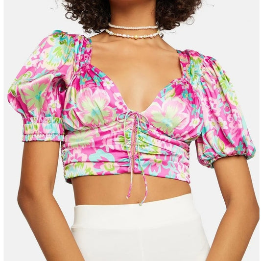 For Love & Lemons Puff Sleeve Floral Satin Crop Top Pink Small