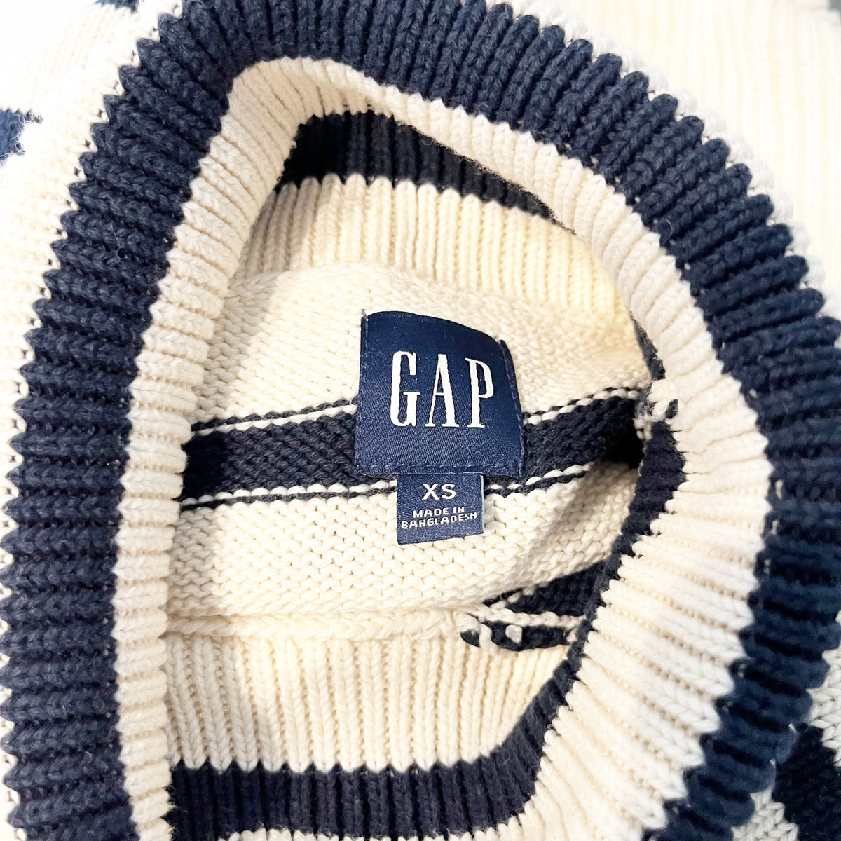 Gap 24/7 Striped Long Sleeve Split-Hem Turtleneck Knit Sweater Cream Blue XS