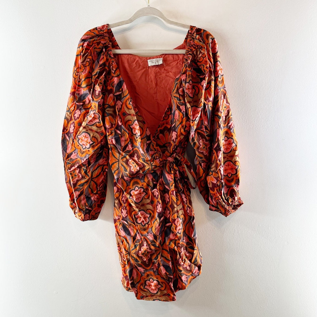 Dress Forum Long Sleeve V-Neck Mini Wrap Dress Rust Orange Medium