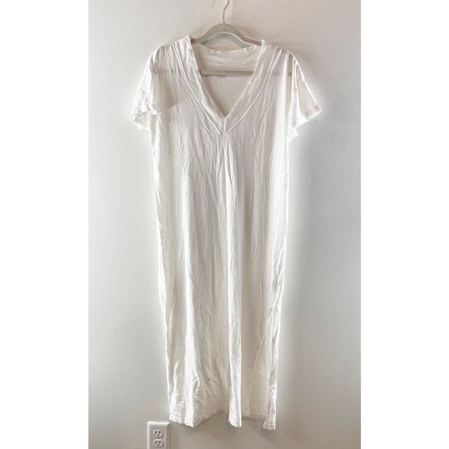 Aerie V Neck Cotton Short Sleeve Midi Maxi Tee Shirt Dress White Medium