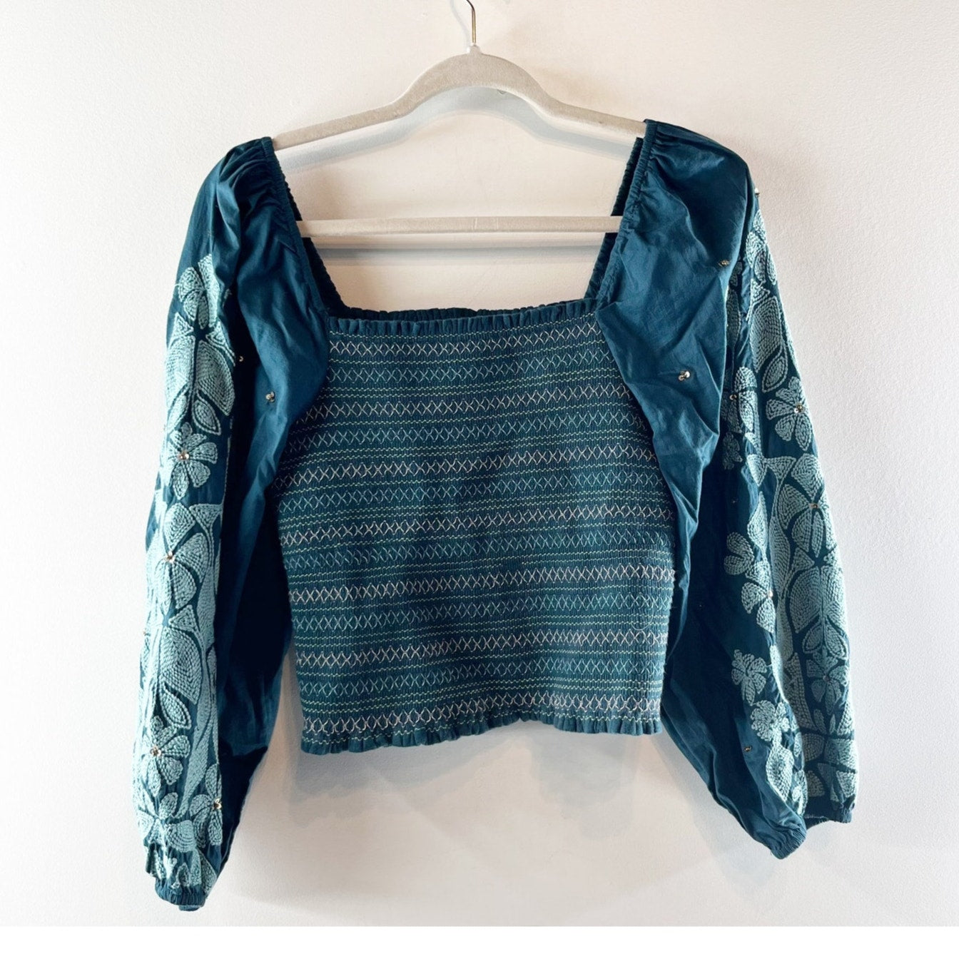Anthropologie Long Balloon Sleeve Embroidered Smocked Cotton Blouse Green XS