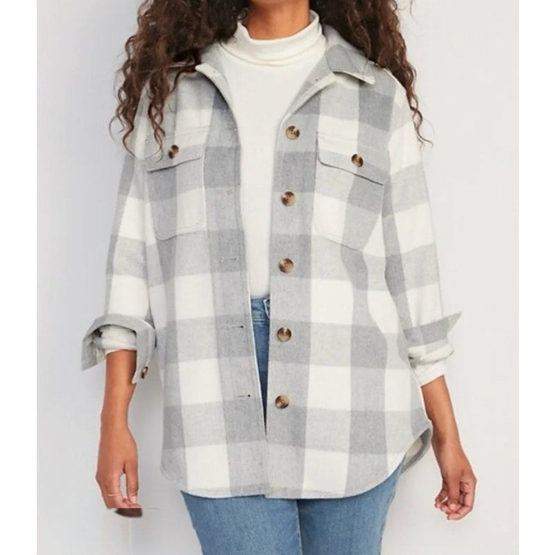 Old Navy Soft Brushed Utility Buffalo Plaid Check Shacket Gray White XS