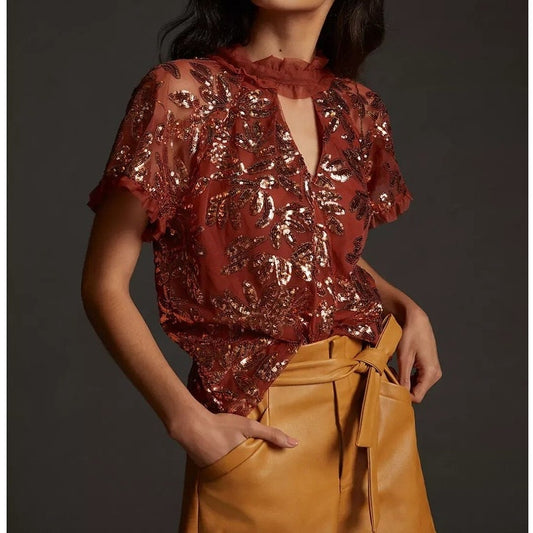 Anthropologie Keyhole Cutout Short Sleeve Sequin Top Blouse Burnt Orange Medium