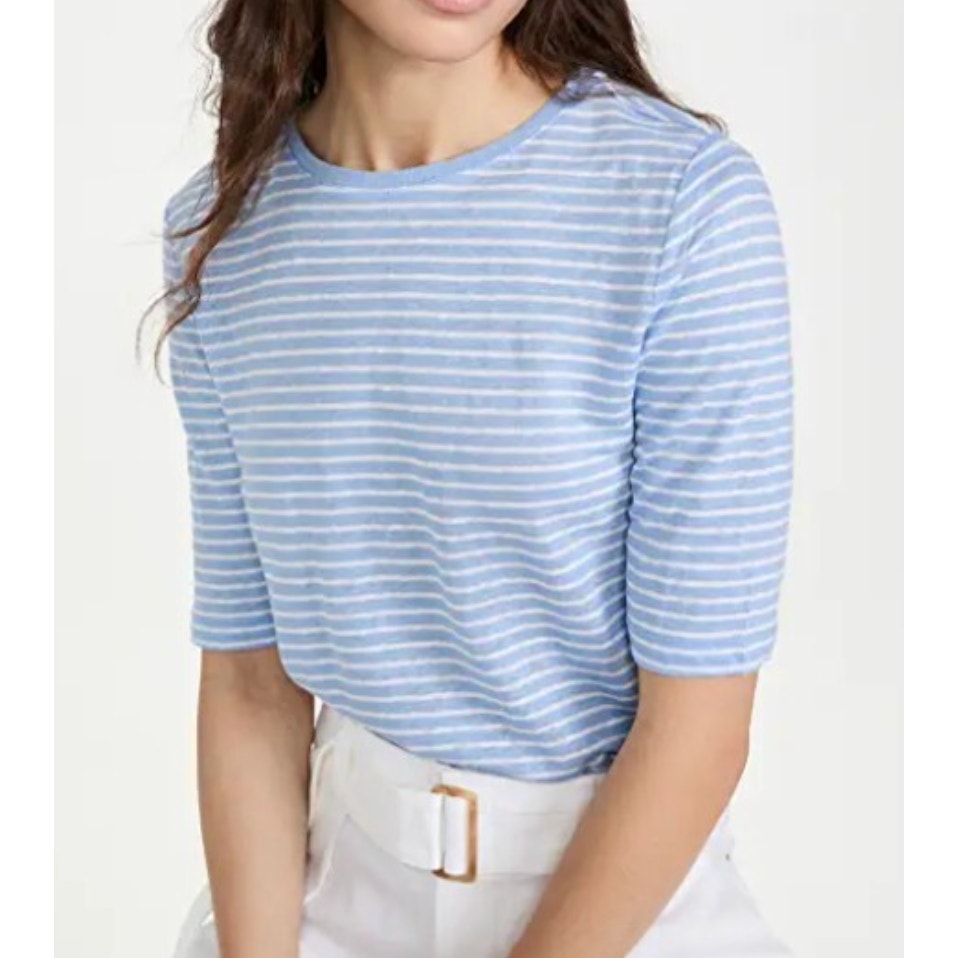 Vince. 100% Linen Striped Elbow Length Crewneck Tee Shirt Blue XXS