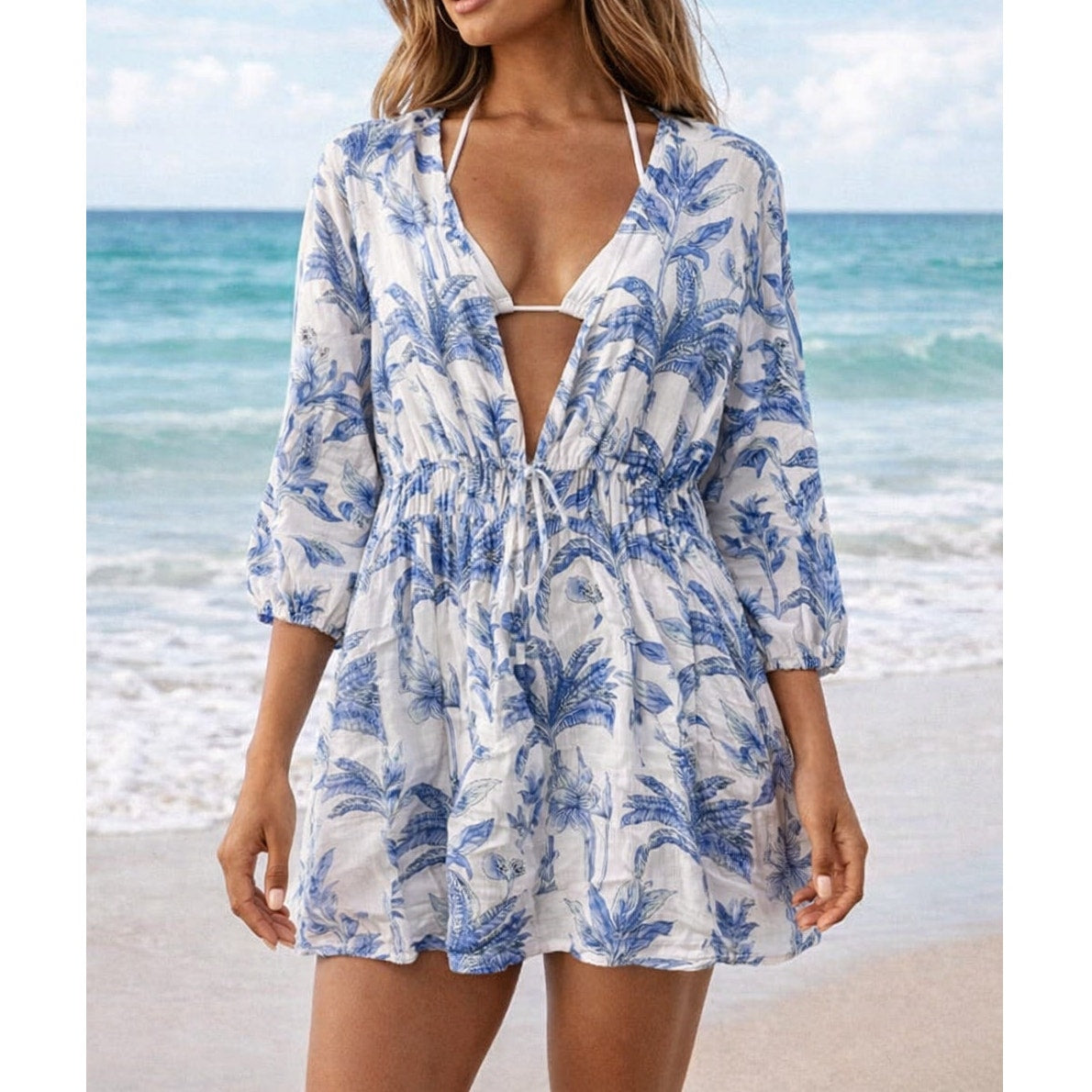 Blue Island Tropical Palm Print 3/4 Sleeve Beach Cover-Up Dress White Blue M
