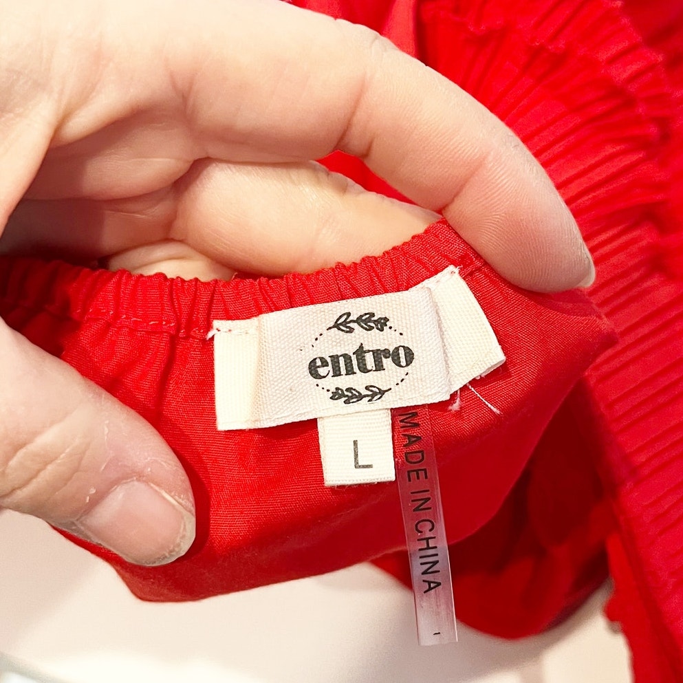 Entro Square Neck Pleated Ruffle Tiered Strap Tank Top Red Large