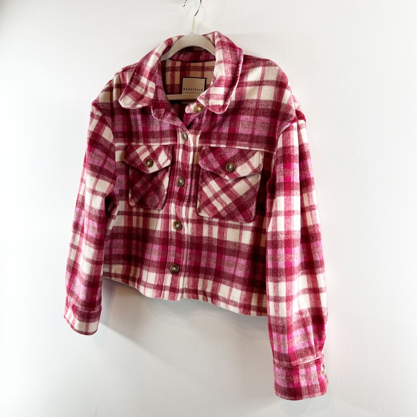 Bagatelle Long Sleeve Cropped Plaid Button Up Jacket Shacket Red Large