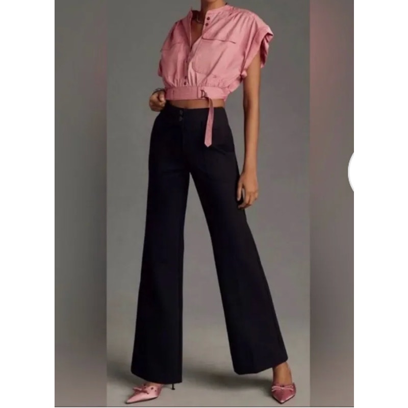 Maeve Anthropologie Naomi High Rise Wide Leg Flare Ponte Pants Black 10