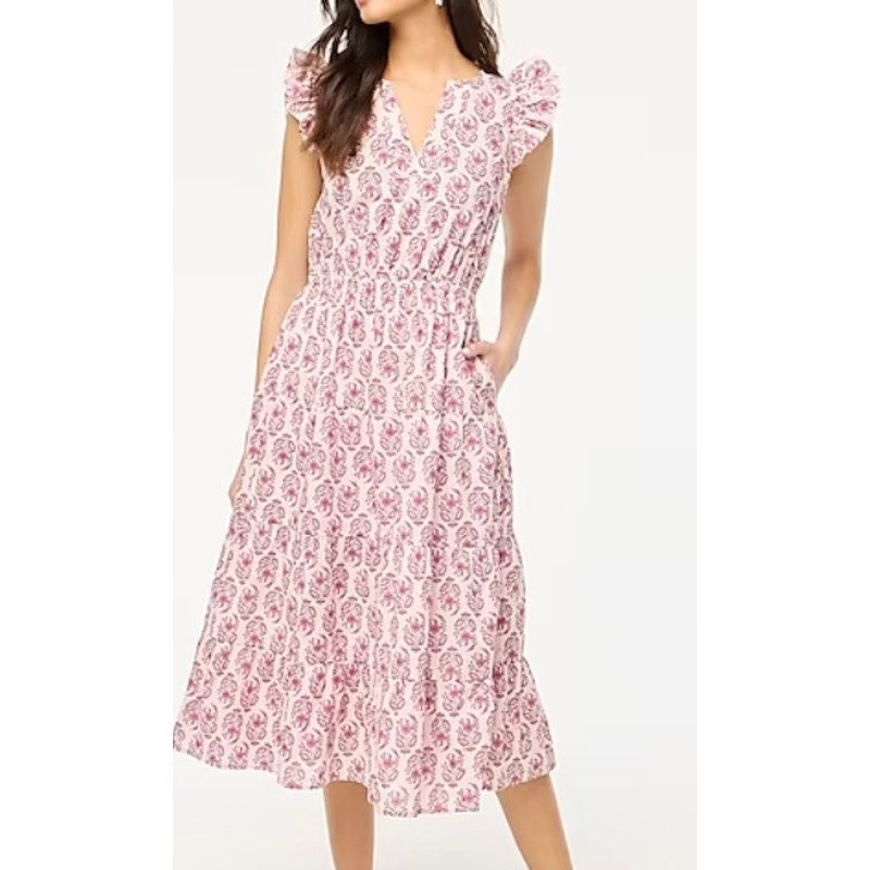 J. Crew Printed Ruffle Sleeve Cotton Midi Dress with Pockets Pink 6