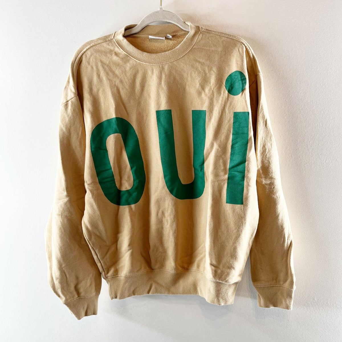 Clare V. Oui Graphic Cotton Crewneck Sweatshirt Tan Green Small