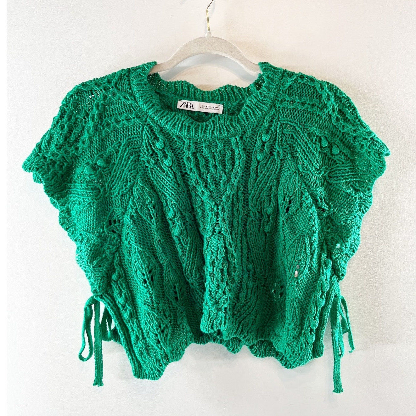 Zara Short Sleeve Crochet Cable Knit Cropped Sweater Green Medium