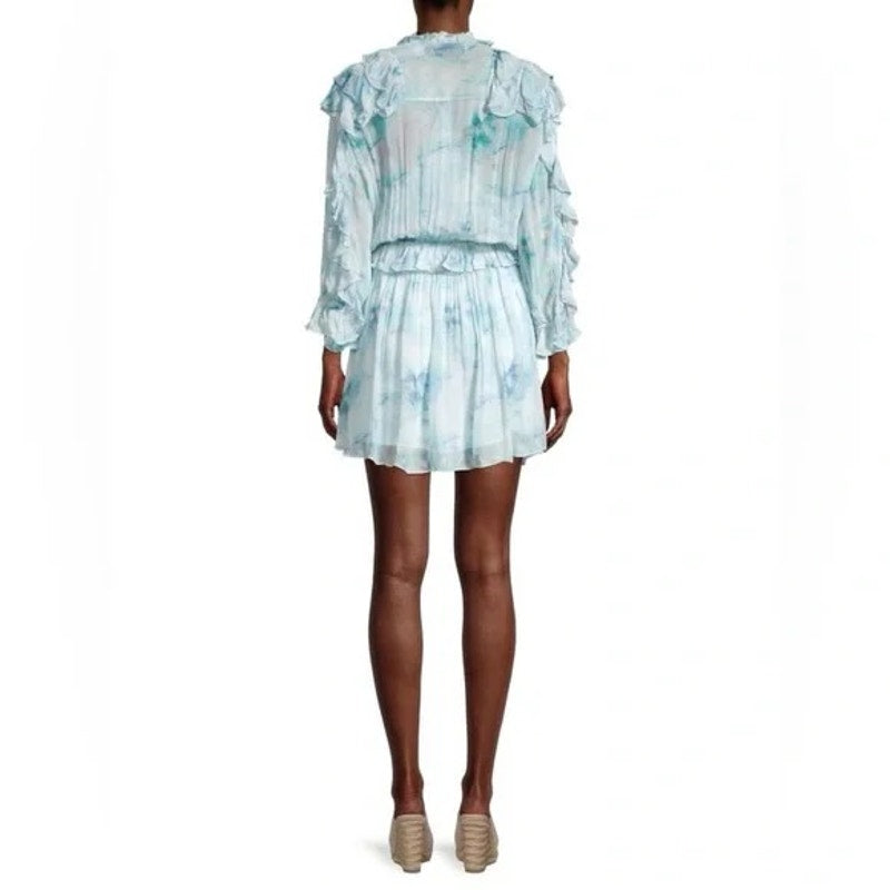 IRO Banon Printed 3/4 Sleeve Ruffle Mini Dress Blue Green 34