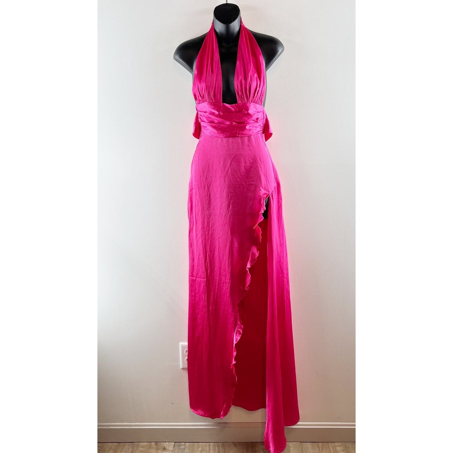 Lucy In The Sky Plunge Tie Back Ruffle Slit Satin Maxi Dress Gown Pink XXS