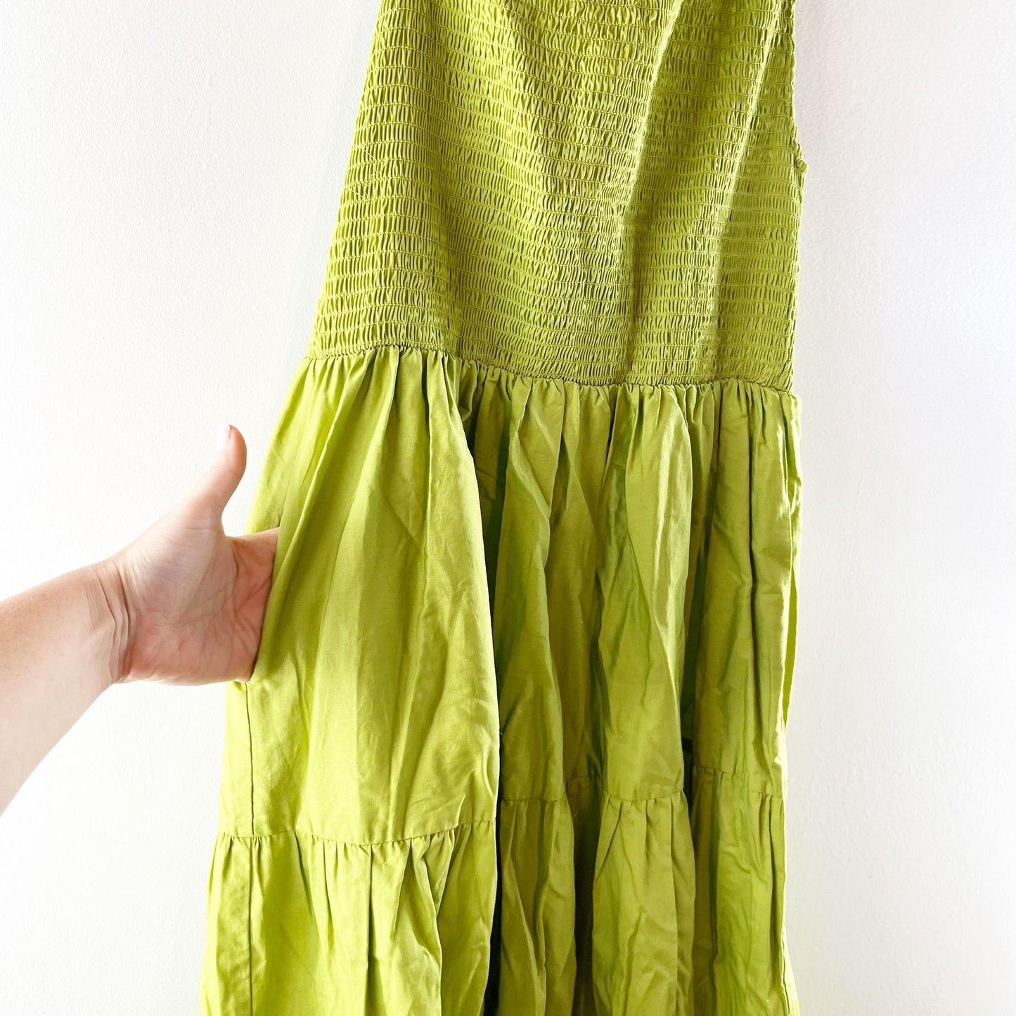 o.p.t One Shoulder Smocked Tiered A-Line Maxi Dress Chartreuse Green Large