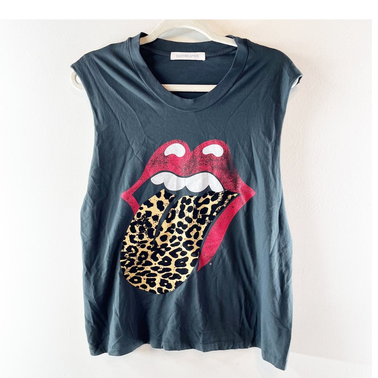 Daydreamer Stones Flocked Leopard Tongue Cutoff Muscle Tank Top Gray Medium