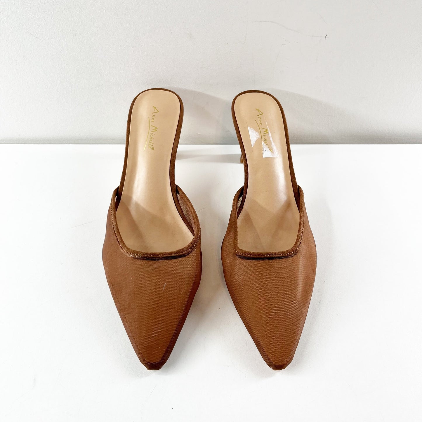 Anne Michelle Scarlet Pointed Toe Mesh Mule Kitten Heel Shoes Brown 9