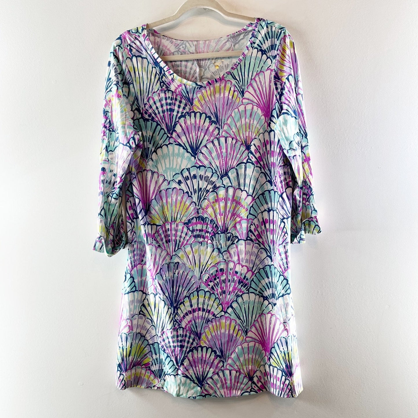 Lilly Pulitzer Oh Shello 3/4 Sleeve Seashell Mini T-Shirt Dress Pink Blue Large