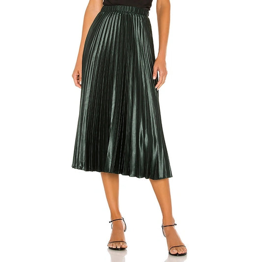 1. State Matte Satin Pull On High Waisted Pleated Midi Skirt Deep Forest Green 4