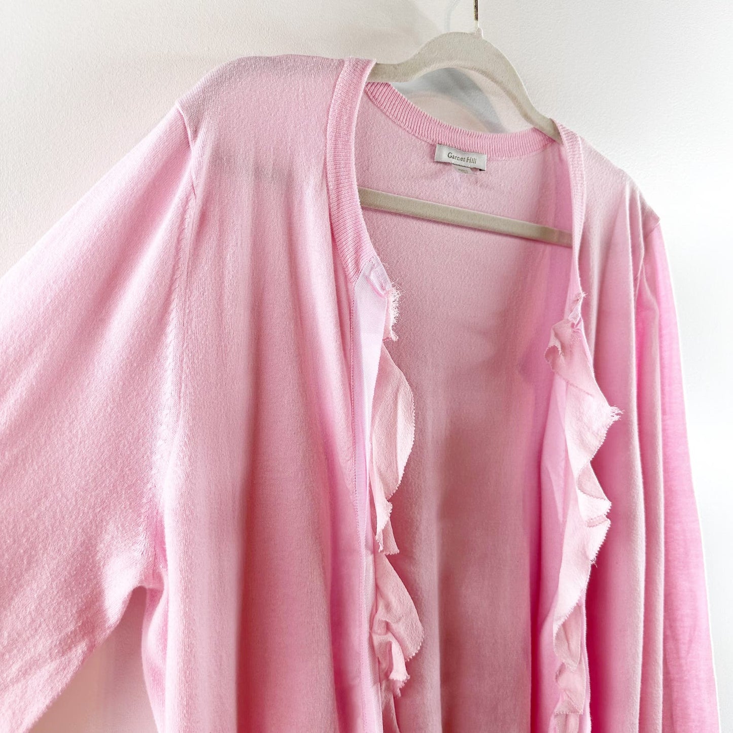 Garnett Hill Ruffle Long Sleeve Cardigan Sweater Pink Cotton XL