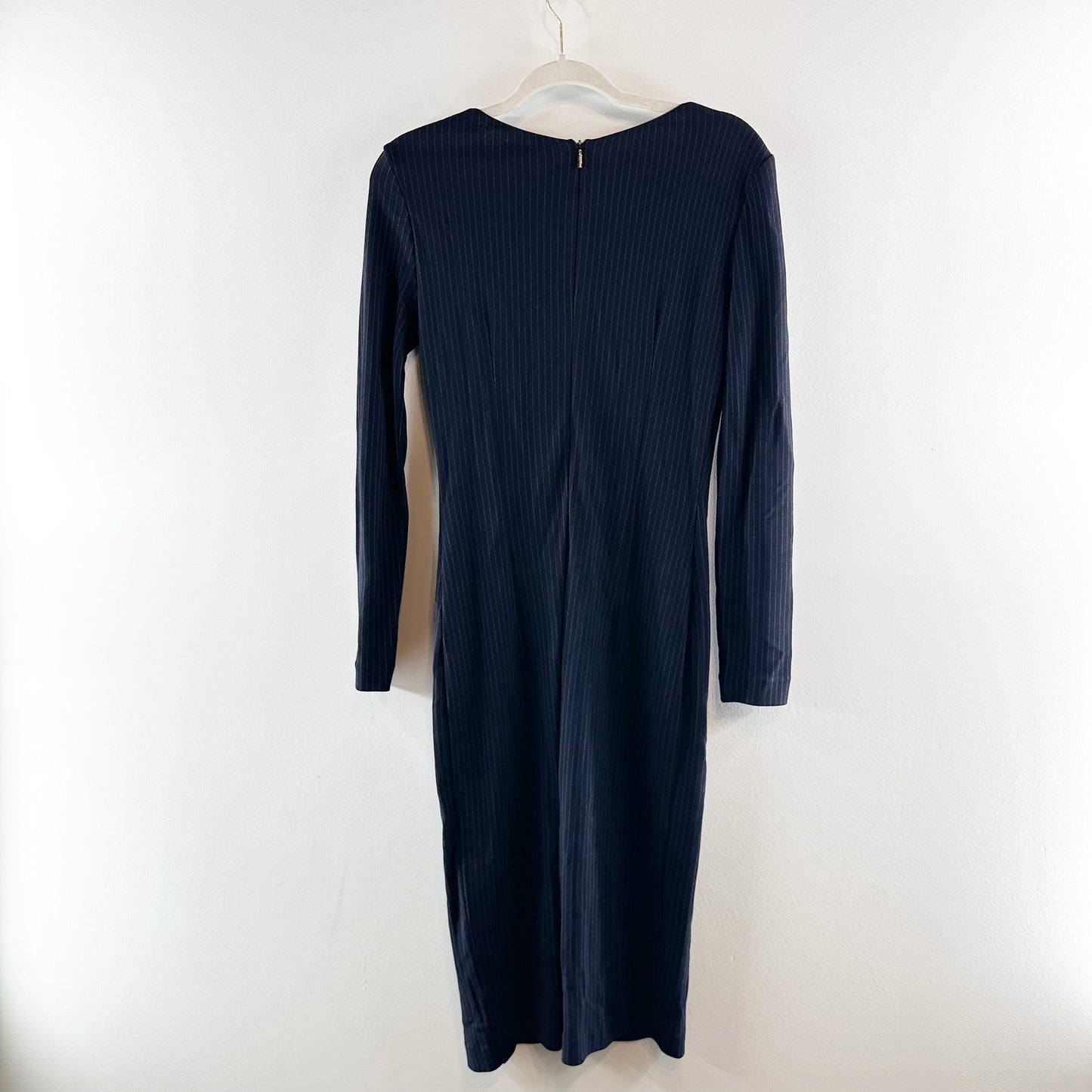 Hugo Boss V Neck Long Sleeve Pinstripe Midi Dress Navy Blue 6