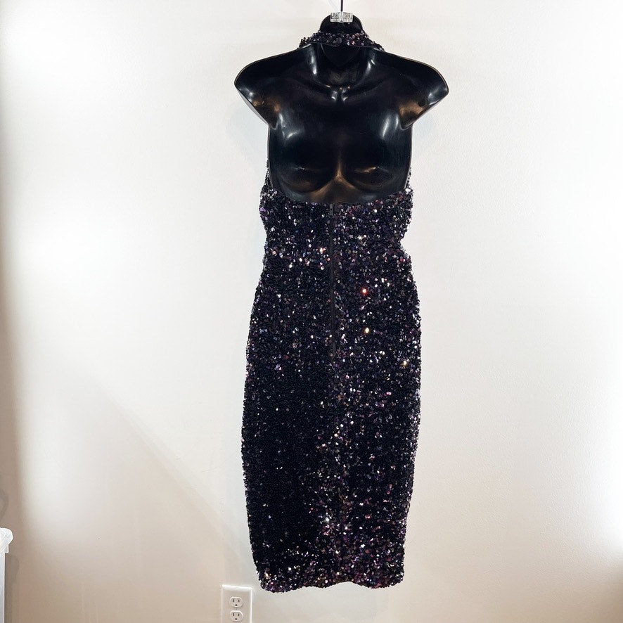Bardot Sequin Halter Cutout Knee Length Dress Black Multi XS