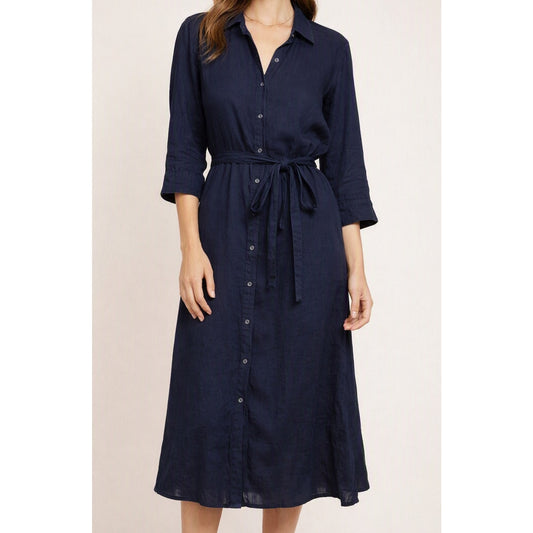 J. McLaughlin Linen Belted Midi Shirt Dress Navy Blue Large