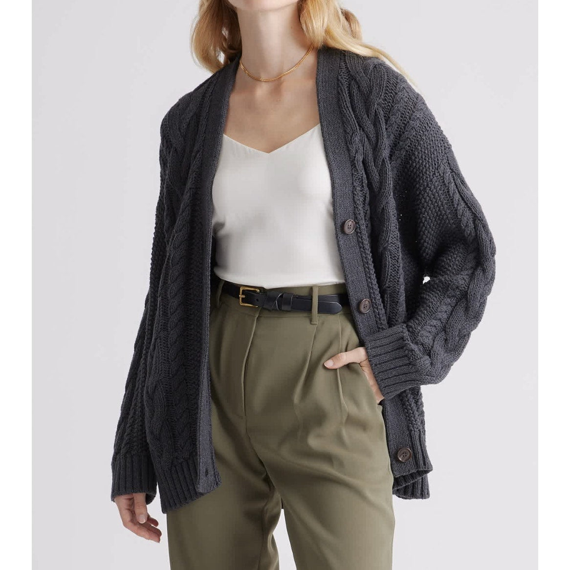 Quince Organic Cotton Oversized Cable Cardigan Sweater Charcoal Gray XS