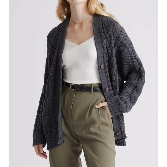 Quince Organic Cotton Oversized Cable Cardigan Sweater Charcoal Gray XS