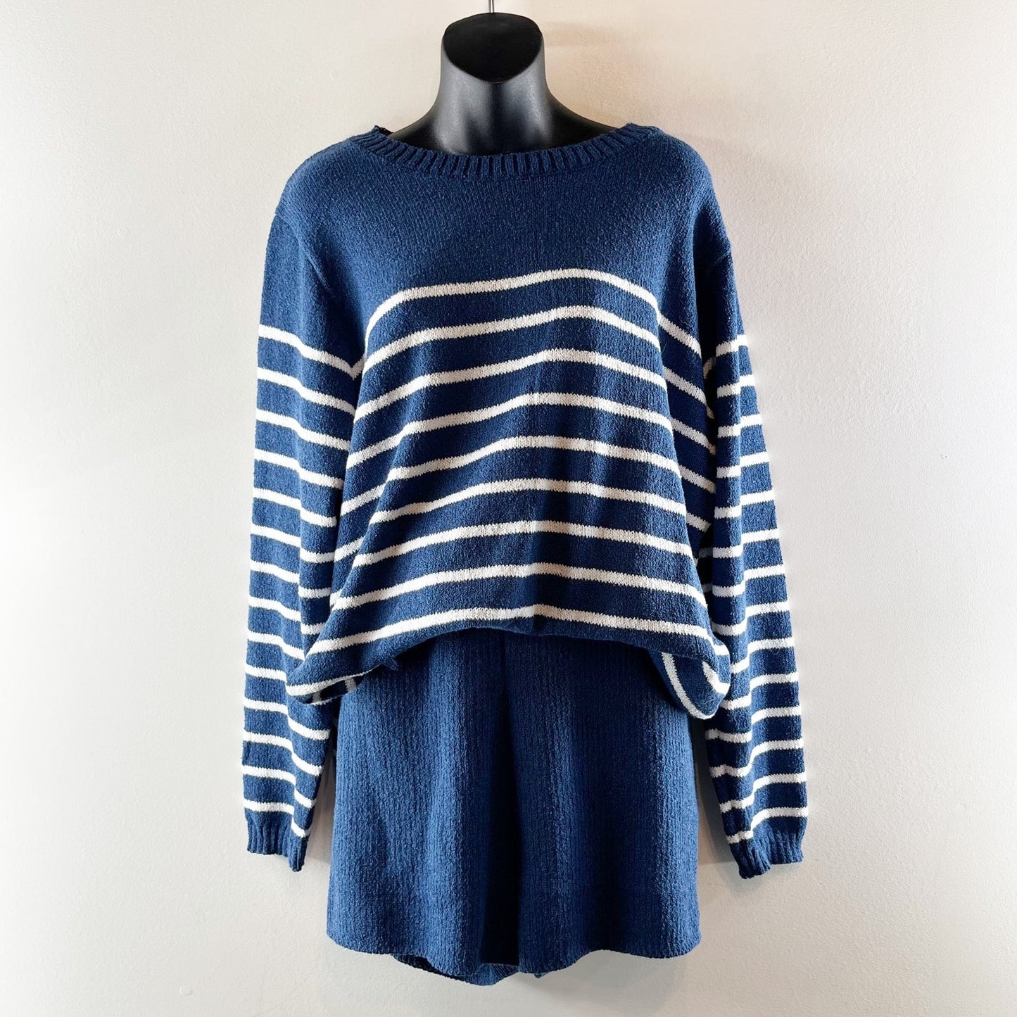 MeroKeety Striped Long Sleeve Crewneck Sweater and Shorts Matching Set Blue XL