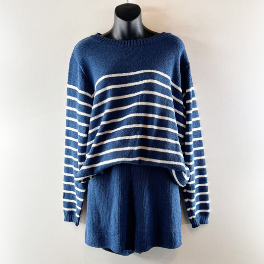 MeroKeety Striped Long Sleeve Crewneck Sweater and Shorts Matching Set Blue XL