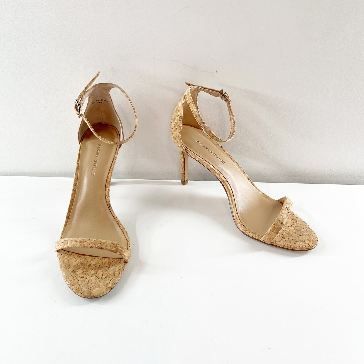 Banana Republic Cork Stiletto Ankle Wrap Pump Sandals Tan Beige 7.5