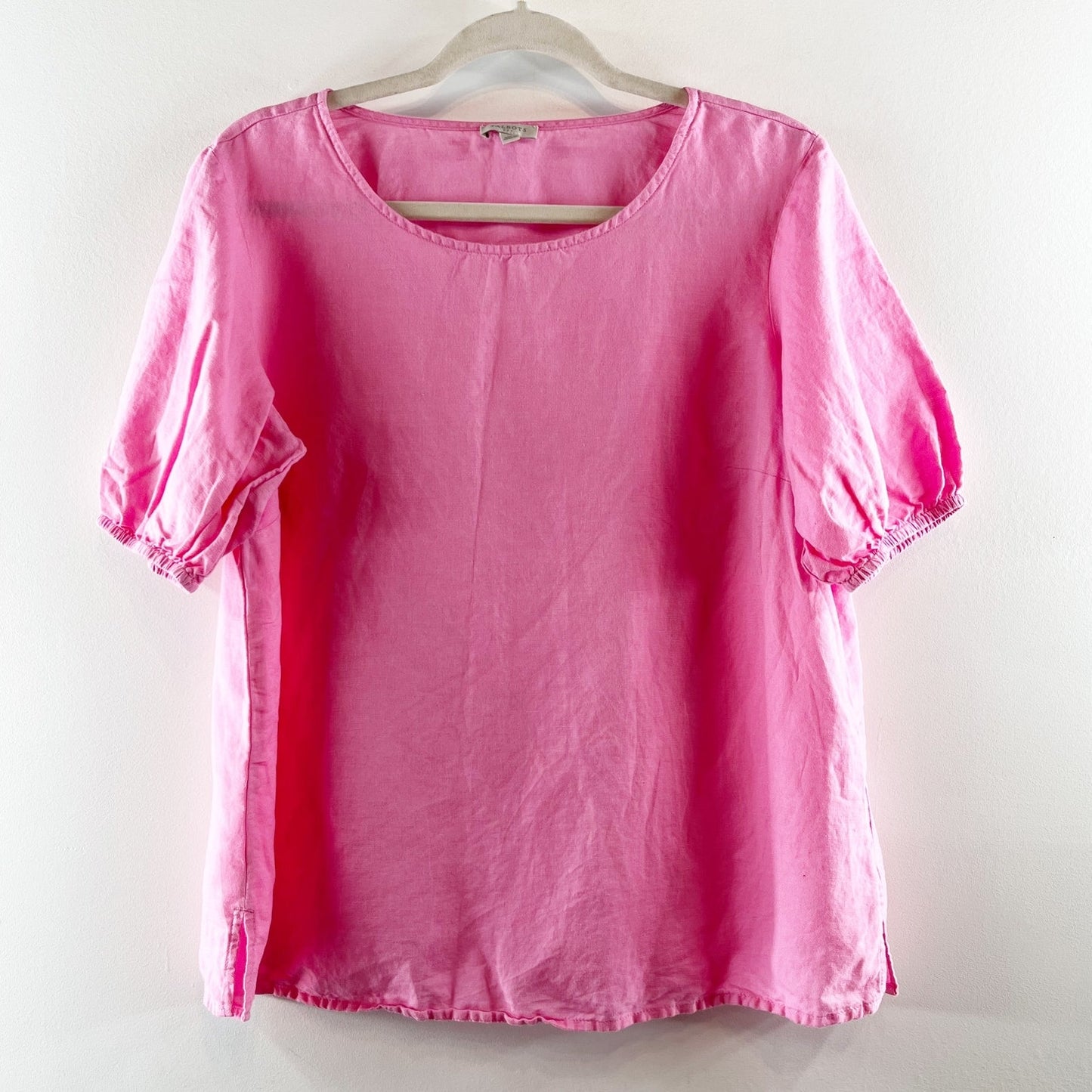 Talbots Linen Blend Short Puff Sleeve Side Slit Tee Shirt Blouse Top Pink Medium