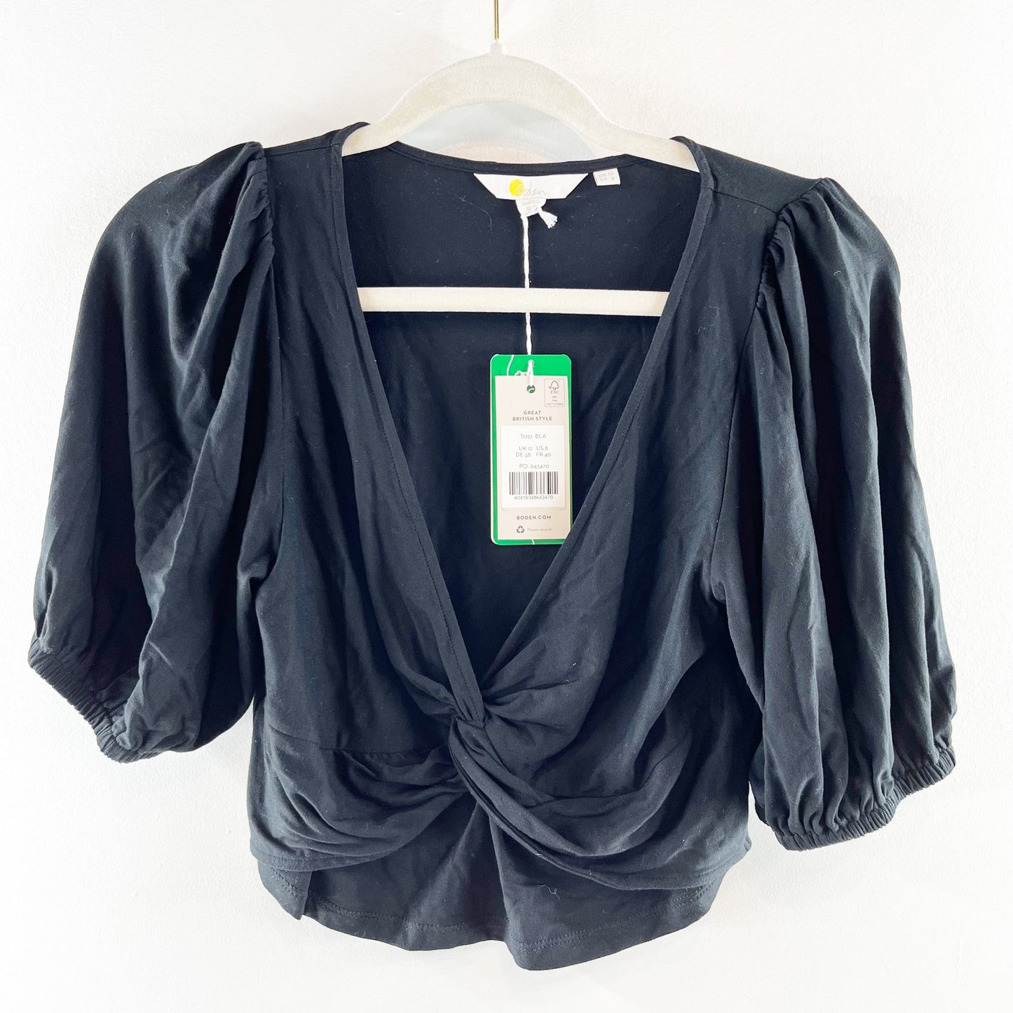 Boden V Neck Twist Front Jersey Short Puff Sleeve Crop Top Shirt Black 8