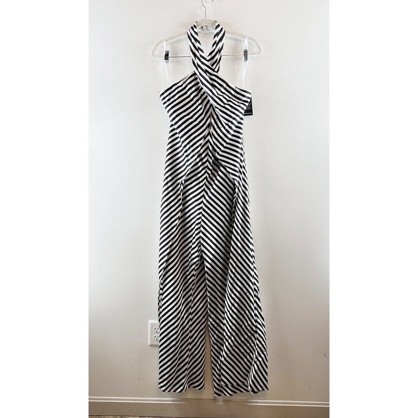 Boston Proper Striped Wide Leg Halter Neck Overlay Jumpsuit White Black Medium