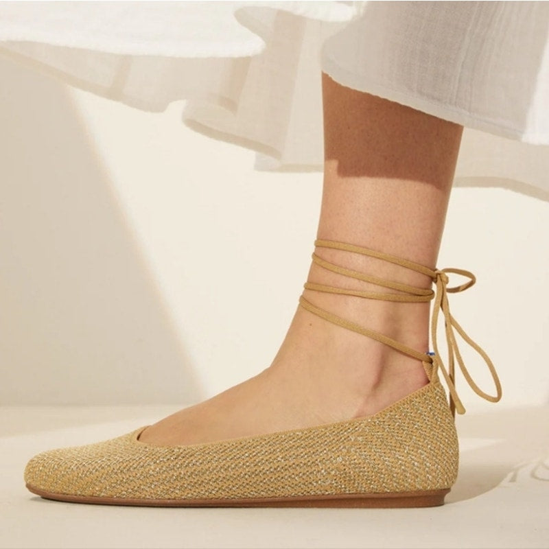 Rothy's The Square Wrap Ballerina Flats Shoes Gold Stripe 9