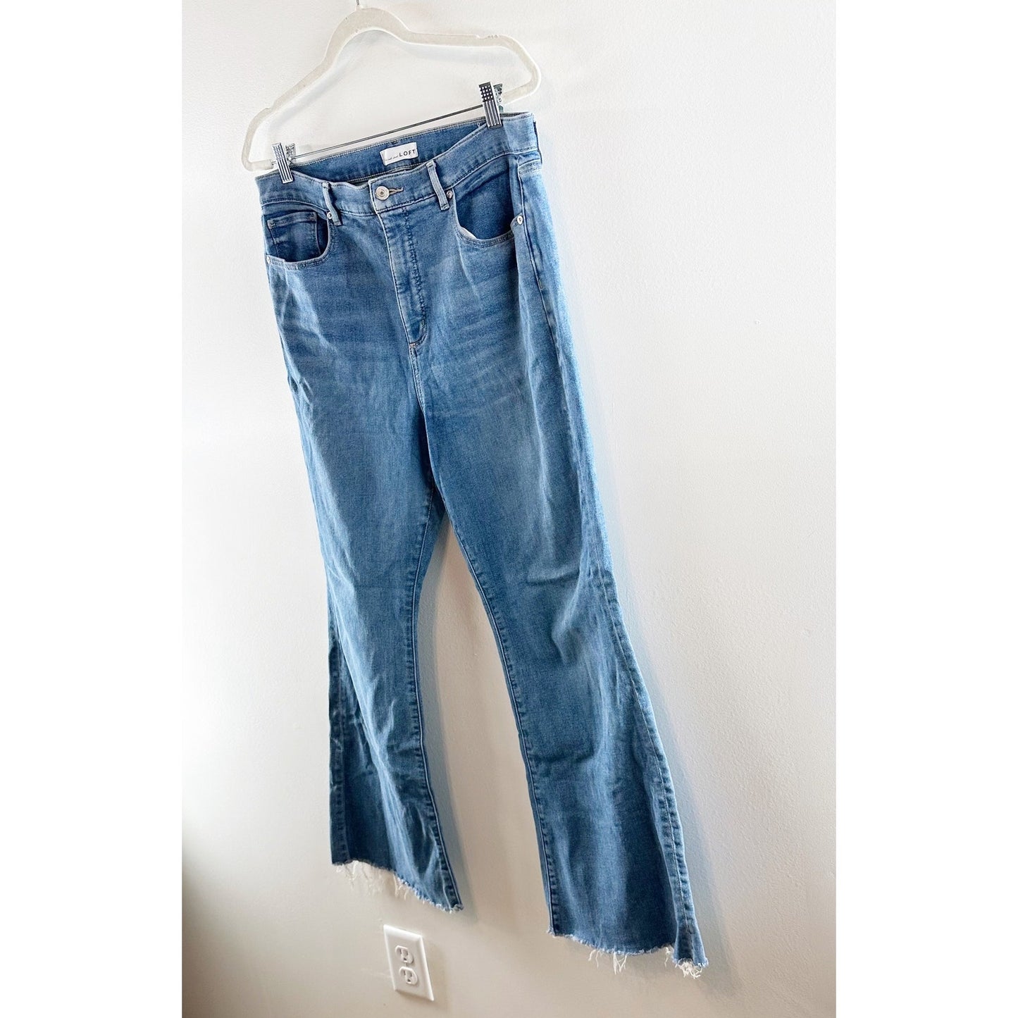 LOFT The High Rise Slim Flare Raw Hem Jeans Blue 14 / 32