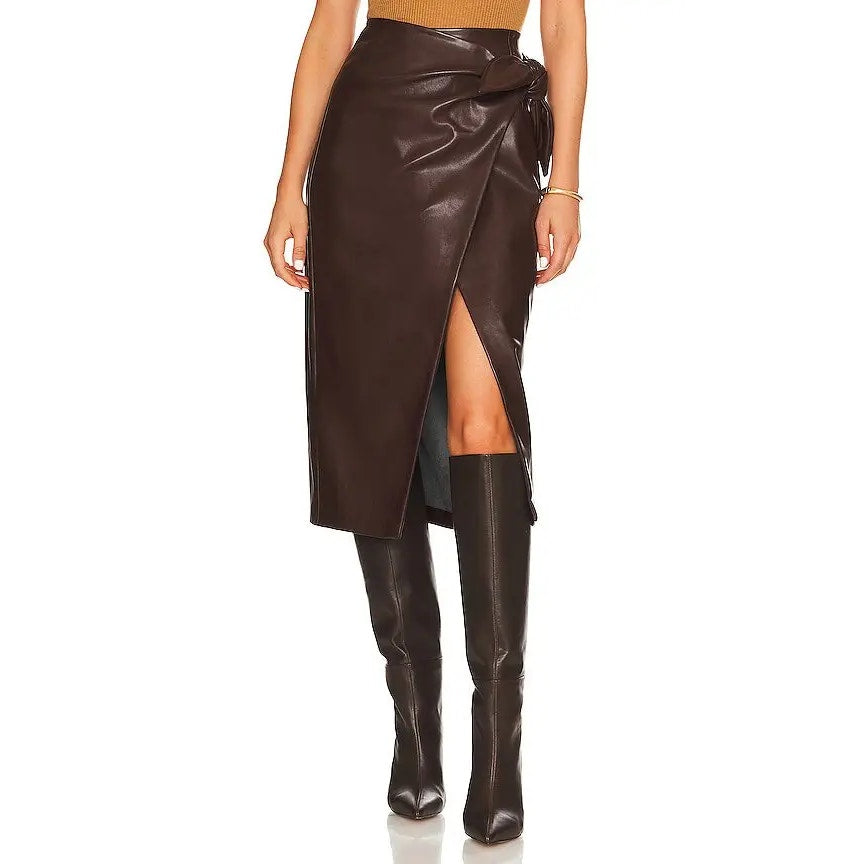 Enza Costa Vegan Leather High Waisted Wrap Midi Skirt Chocolate Brown 0