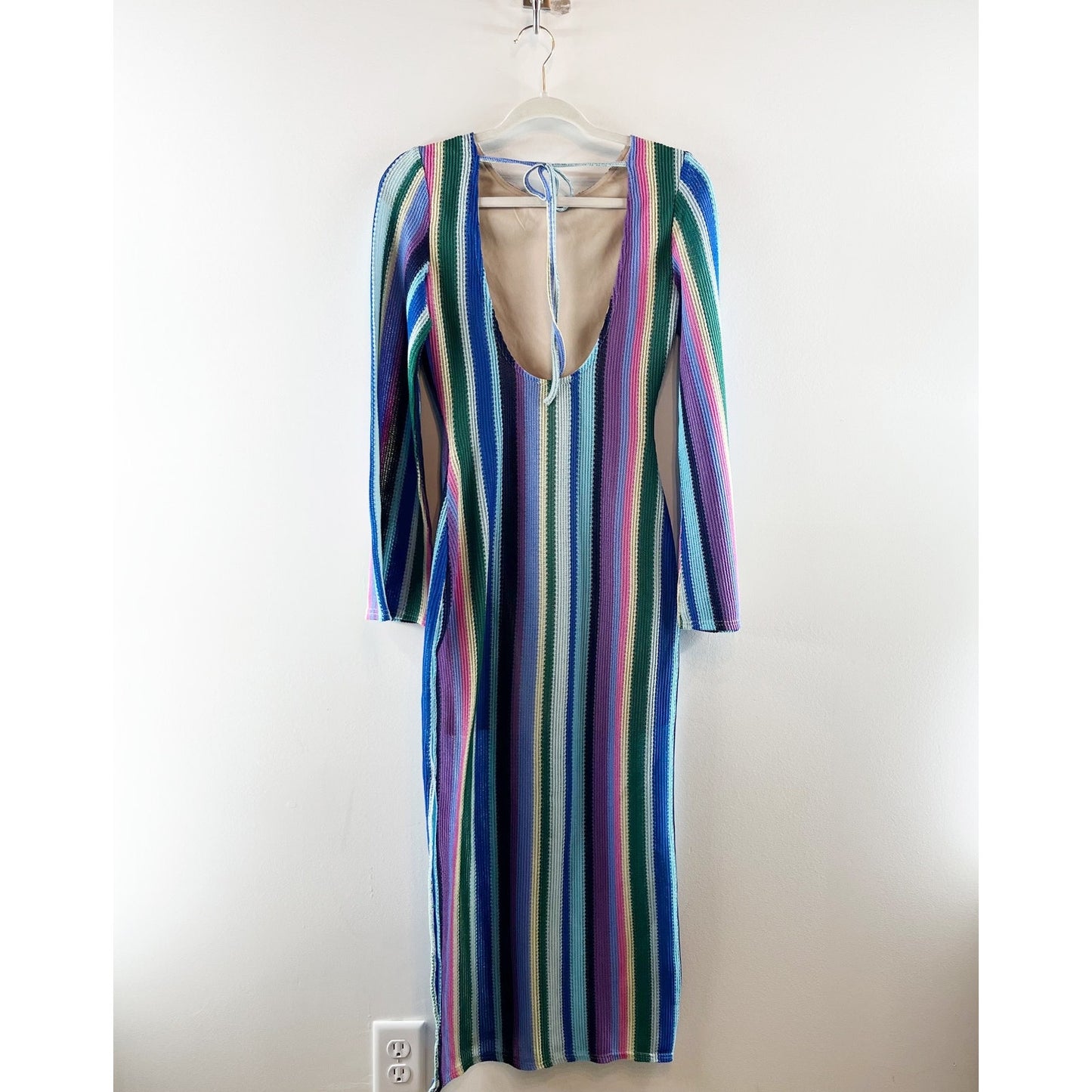 VICI Long Sleeve Striped Rainbow Crochet Cover Up Dress Blue XS