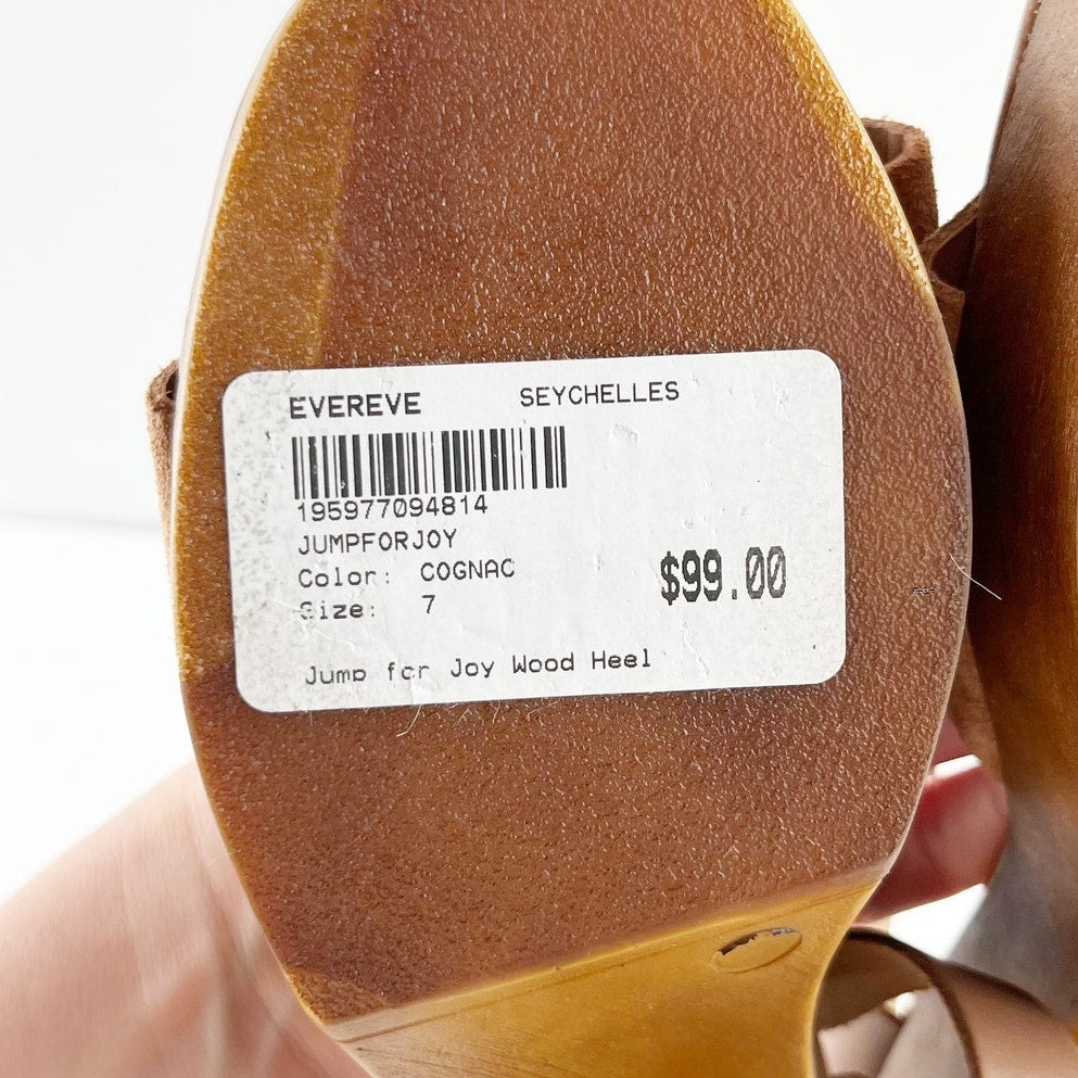 Seychelles Jump For Joy Wood Heel Leather Sandals Shoes Cognac Brown 7