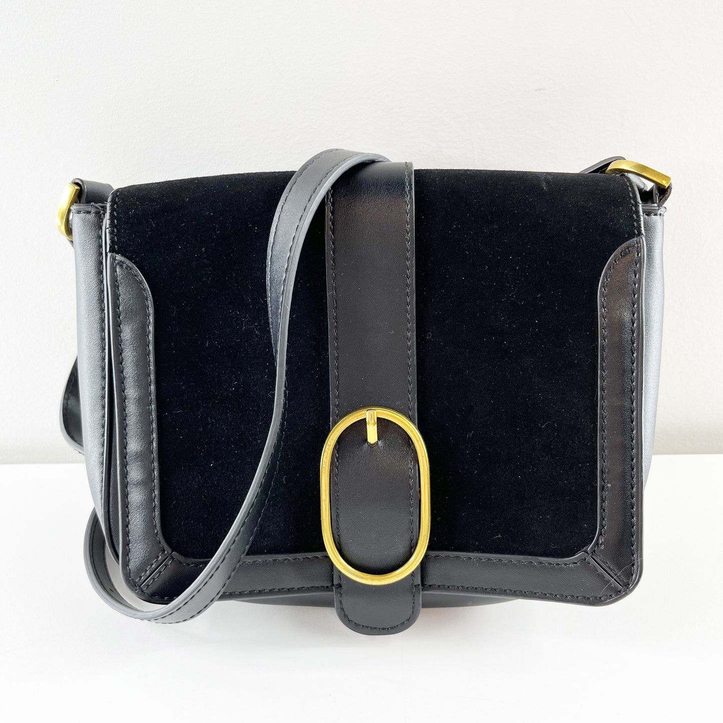 Mango Square Gold Buckle Crossbody Leather Purse Bag Black