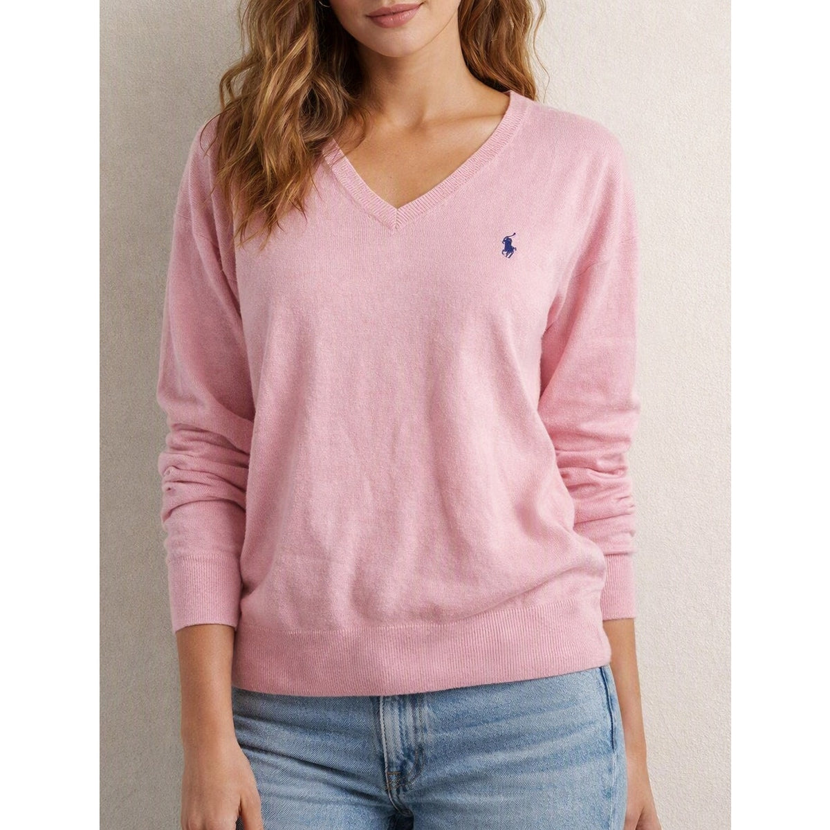 Polo Ralph Lauren V Neck Pima Cotton Long Sleeve Pullover Sweater Pink XL