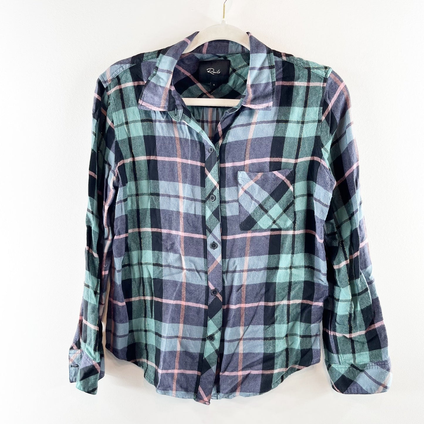 Rails Hunter Plaid Button Up Long Sleeve Shirt Teal Navy Blue Pink Small