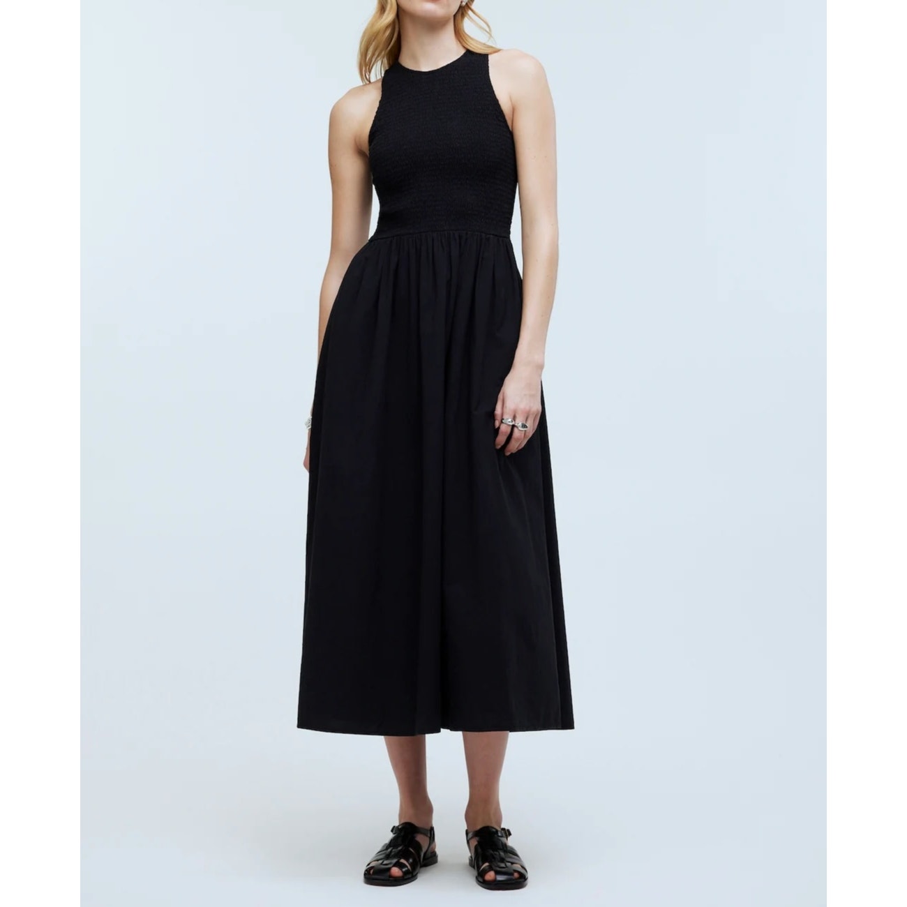 Madewell Melody Smocked Cotton Poplin Midi Dress Black Large